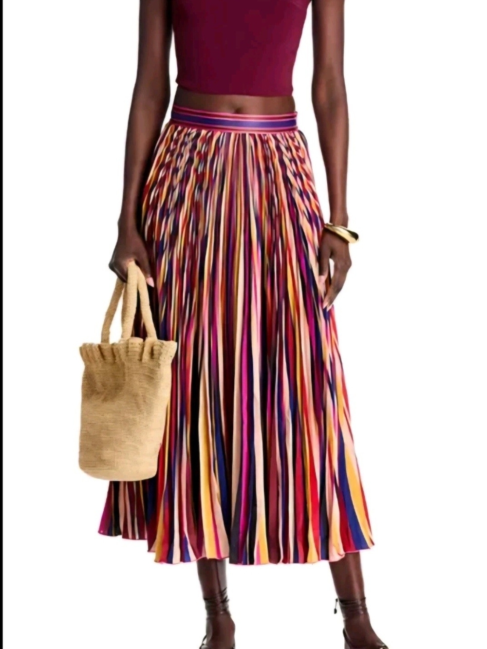 Farm Rio Women's Diagonal Stripes Pleated Maxi Skirt - Small NWT